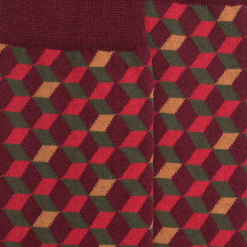 Men's Egyptian cotton socks patterned 3D cubes - Aubergine | Doré Doré