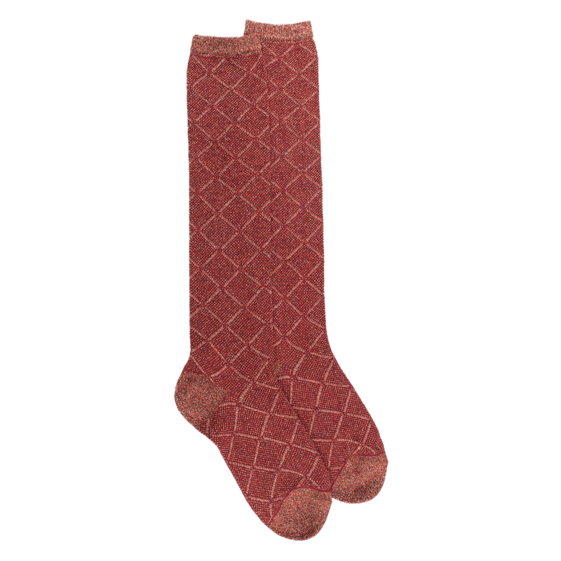 Women's long socks in Egyptian cotton and cashmere diamond patterned glitter effect - Morello cherry red | Doré Doré