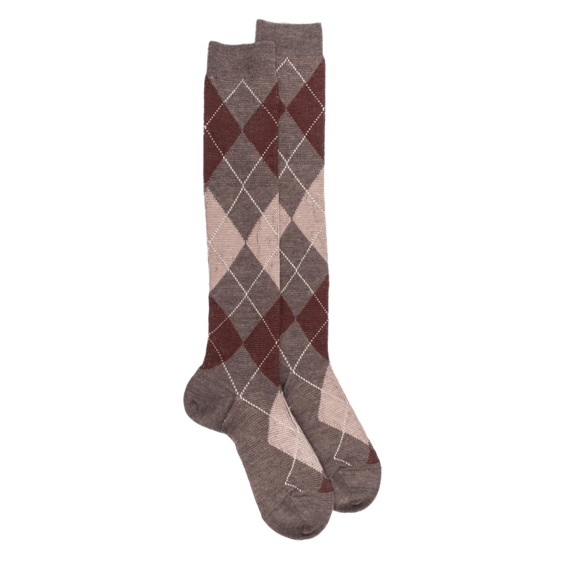 Men's long wool socks patterned in three colors - Light brown | Doré Doré