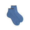 Women's openwork cotton lisle ankle socks with glitter contrast cuff - Blue Macadam
