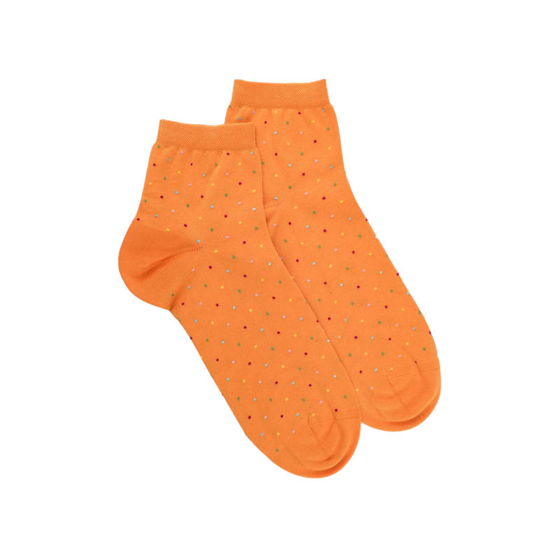 Women's cotton lisle ankle socks with multicolor polka dot pattern - Orange Citrus | Doré Doré