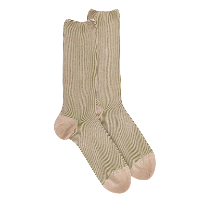 Men's elastic-free two-tone ribbed cotton lisle socks - Beige Grege | Doré Doré