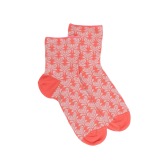 Women's short socks made of lisle with heart-shaped flower pattern and glitter effect - Salmon | Doré Doré