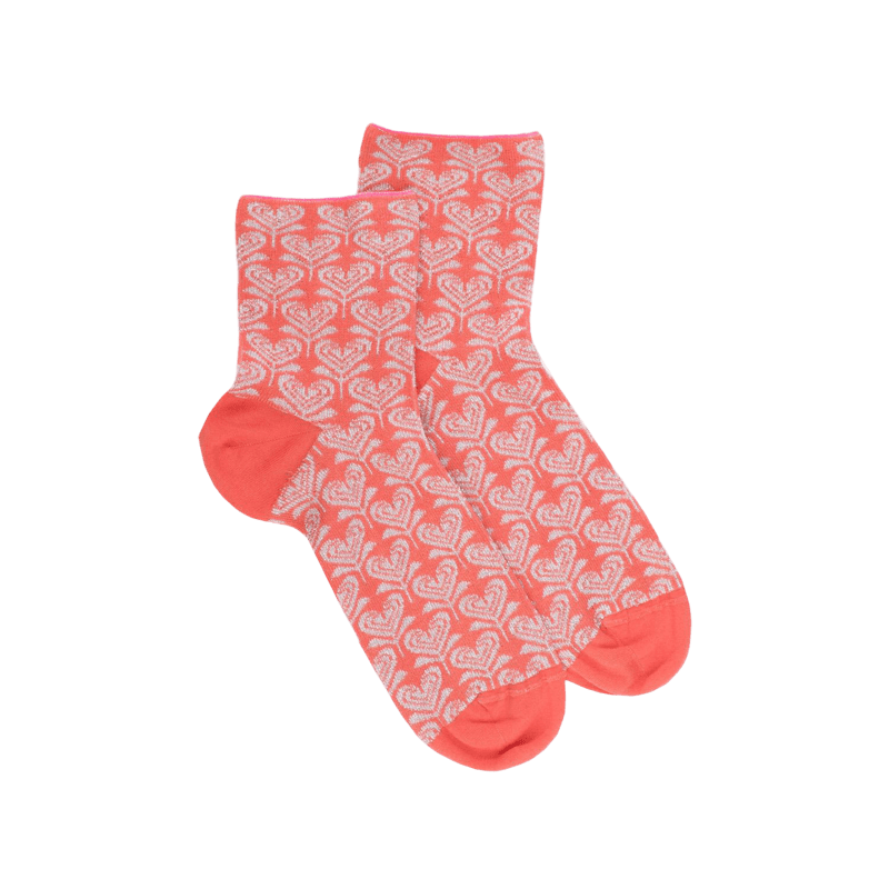 Women's short socks made of lisle with heart-shaped flower pattern and glitter effect - Salmon | Doré Doré