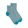 Women's short socks made of lisle with heart-shaped flower pattern and glitter effect - Blue | Doré Doré