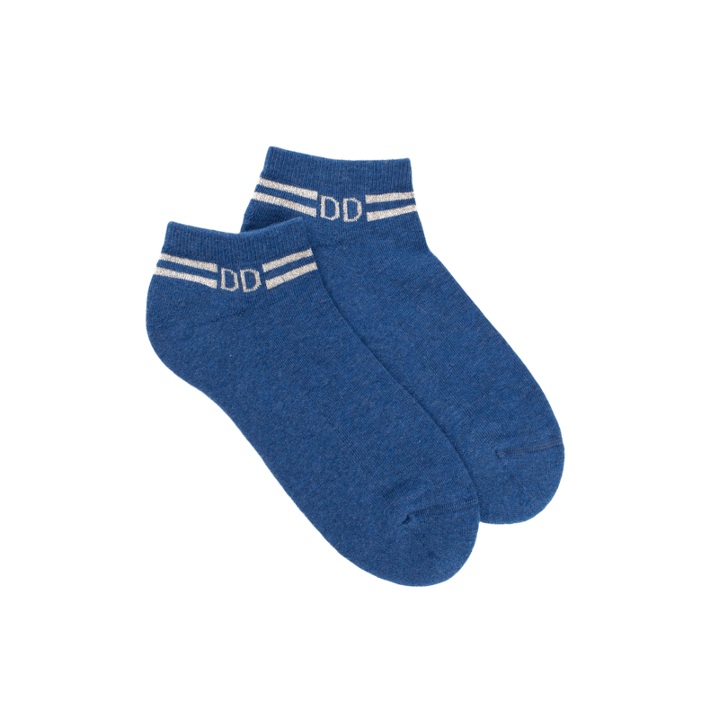Women's short socks in plain cotton terry with stripes and glitter logo - Light Blue Jeans | Doré Doré