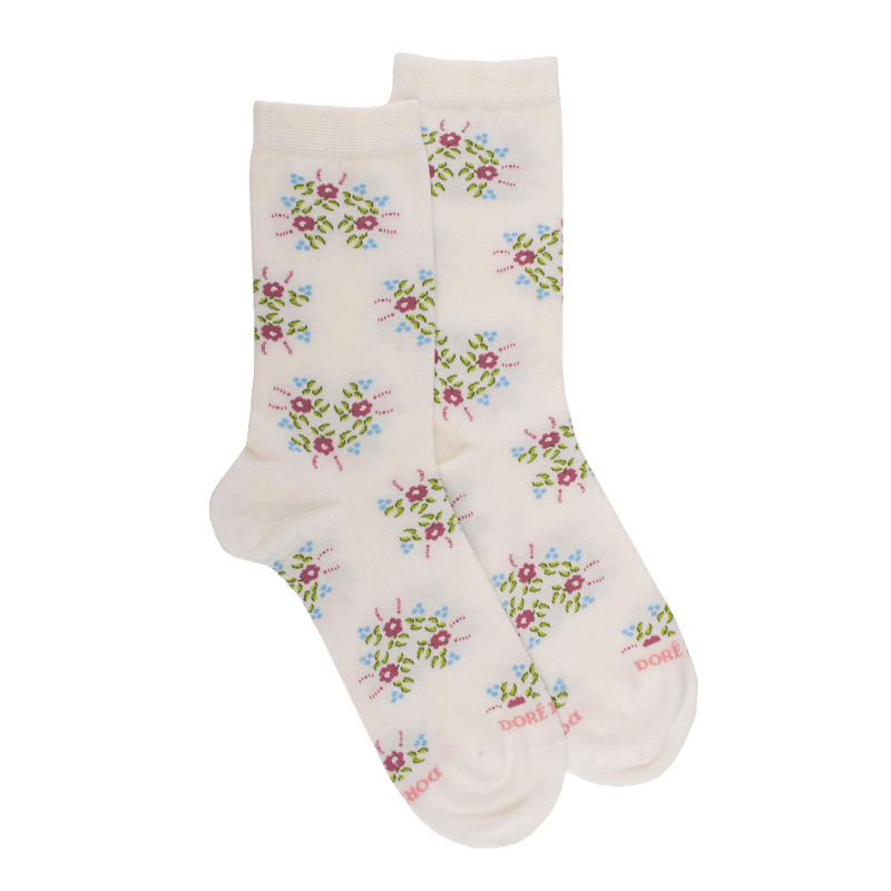 Women's short socks in floral patterned lisle - Cream | Doré Doré