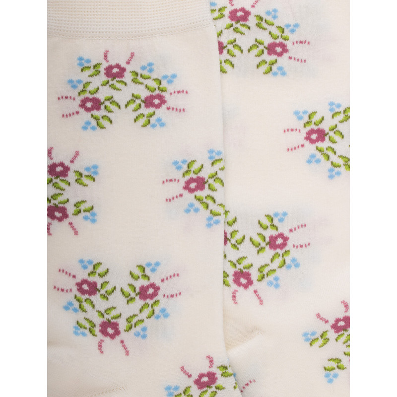 Women's short socks in floral patterned lisle - Cream | Doré Doré