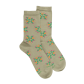 Women's short socks in floral patterned lisle - Green Sage | Doré Doré