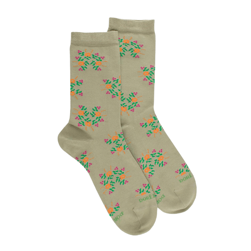 Women's short socks in floral patterned lisle - Green Sage | Doré Doré