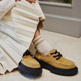 Women's openwork cotton lisle socks with striped contrast cuff - Cream & Beige Sand | Doré Doré