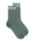 Women's openwork cotton lisle socks with striped contrast cuff - Green Basil & Grey