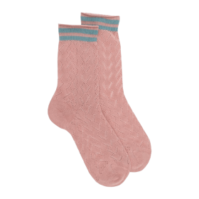 Women's openwork cotton lisle socks with striped contrast cuff - Rose Praline & Teal | Doré Doré