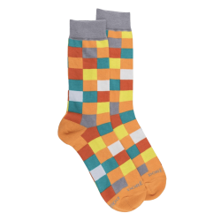 Men's checkered cotton socks - Carrot & Grey Mouse | Doré Doré