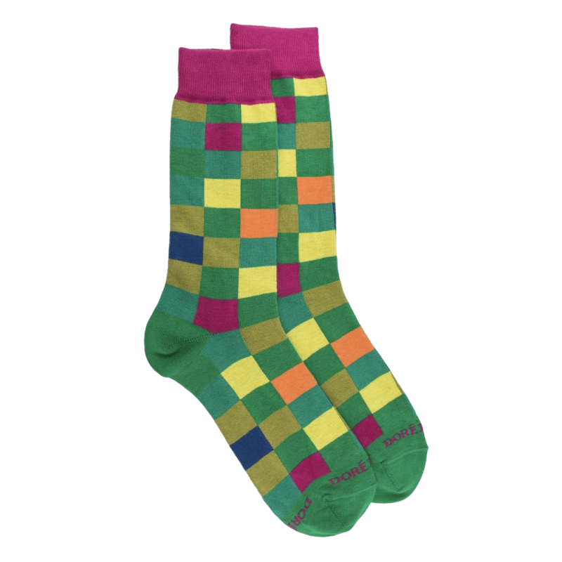 Men's checkered cotton socks - Green Grass & Pink Flamingo | Doré Doré