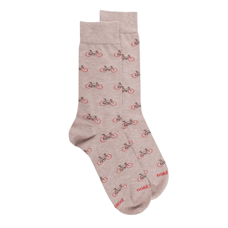 Men's cotton socks with bicycle repeat pattern - Beige Sahara & Red | Doré Doré