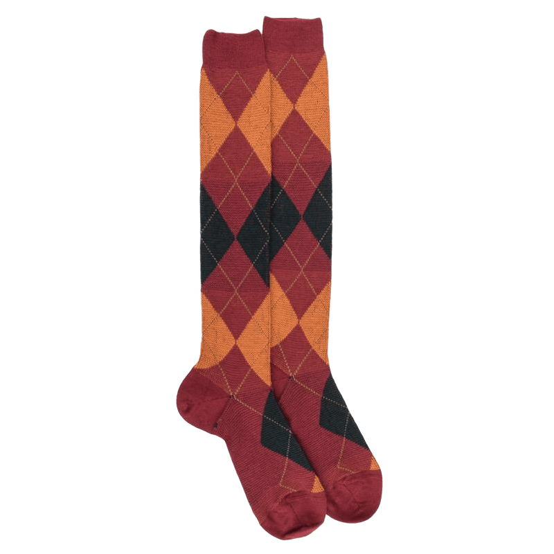 Men's long wool socks patterned in three colors - Red & grau-green | Doré Doré
