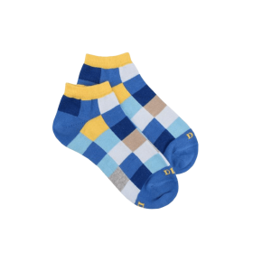 Kids' checkered cotton trainer socks - Azure & Yellow Papaya | Doré Doré