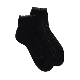 Women's openwork cotton lisle ankle socks with glitter contrast cuff - Black | Doré Doré