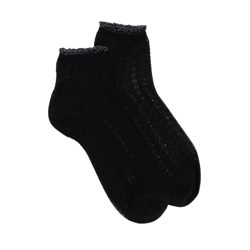 Women's openwork cotton lisle ankle socks with glitter contrast cuff - Black | Doré Doré