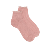 Women's openwork cotton lisle ankle socks with glitter contrast cuff - Rose Praline | Doré Doré