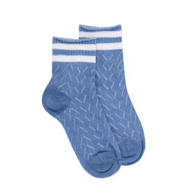 Kids' openwork cotton lisle ankle socks with striped contrast cuff - Azure & White | Doré Doré