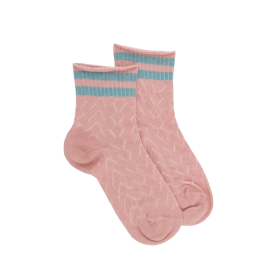 Kids' openwork cotton lisle ankle socks with striped contrast cuff - Rose Praline & Teal | Doré Doré