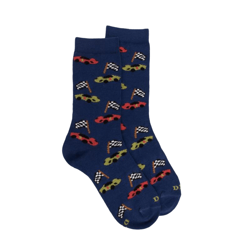 Kids' cotton socks with racing cars repeat pattern - Royal Blue | Doré Doré