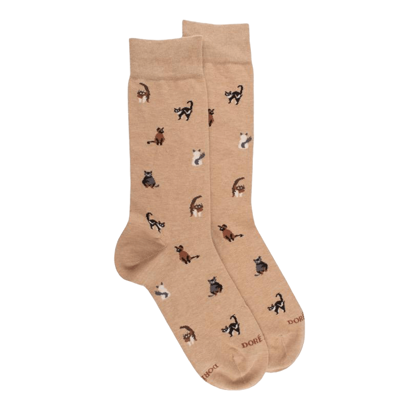 Men's cotton socks with cats repeat pattern - Beige Desert | Doré Doré