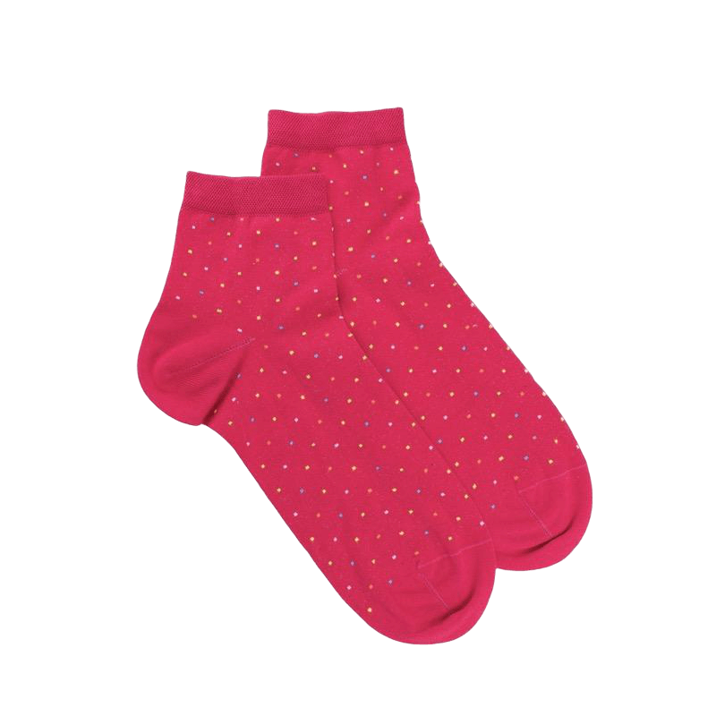 Women's cotton lisle ankle socks with multicolor polka dot pattern - Cherry | Doré Doré