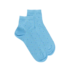 Women's cotton lisle ankle socks with multicolor polka dot pattern - Azure | Doré Doré