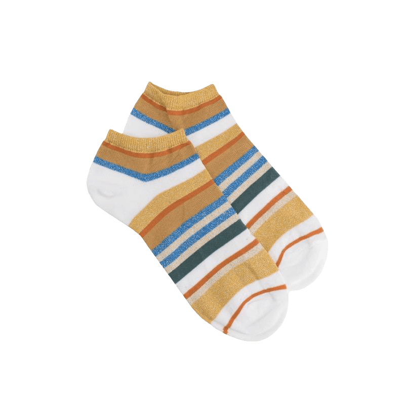 Women's glitter cotton sneaker socks with stripes - White | Doré Doré