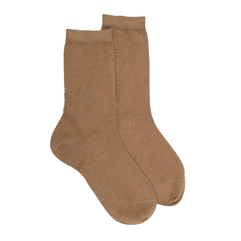 Women's plain wool socks with transparency - Camel | Doré Doré
