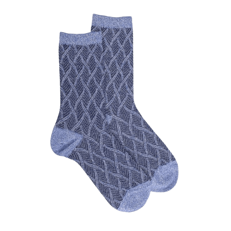 Women's glitter cotton and wool socks patterned weave effect - Blue Denim | Doré Doré