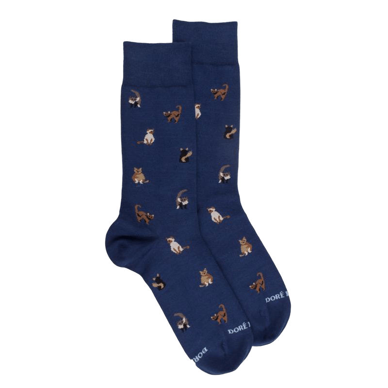 Men's cotton socks with cats repeat pattern - Royal Blue | Doré Doré