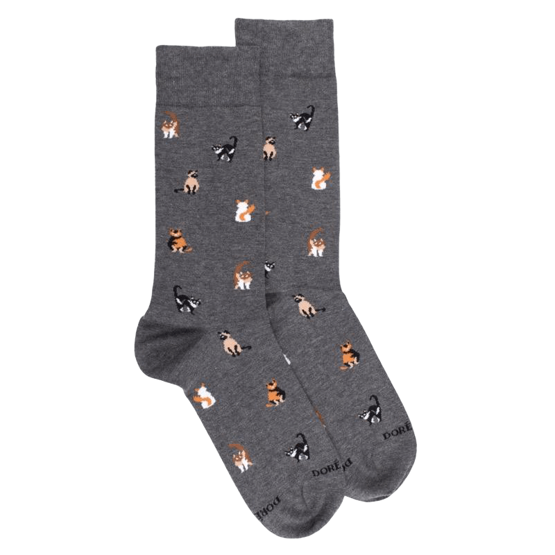 Men's cotton socks with cats repeat pattern - Oxford grey | Doré Doré