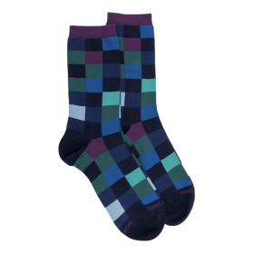 Women's checkered egyptian cotton socks - Blue Sailor & purple | Doré Doré