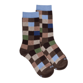 Kids' checkered cotton socks - Wood & blue | Doré Doré