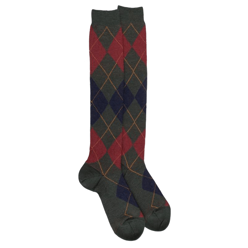 Men's long wool socks patterned in three colors - Thuja Green & blue | Doré Doré