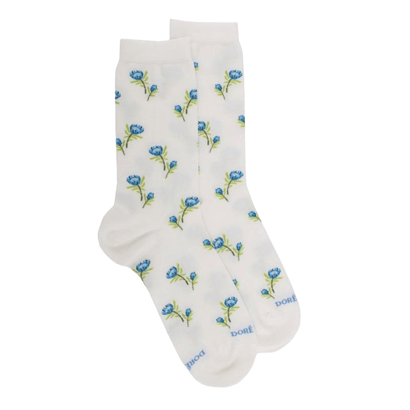 Women's cotton lisle socks with flowers repeat pattern - Cream | Doré Doré