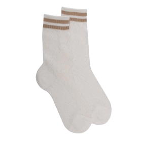 Women's openwork cotton lisle socks with striped contrast cuff - Cream & Beige Sand | Doré Doré