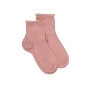 Kids' openwork cotton lisle ankle socks with glitter contrast cuff - Rose Praline | Doré Doré
