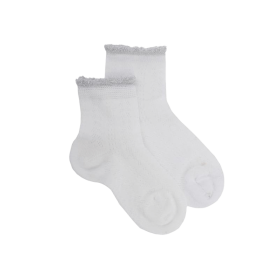 Kids' openwork cotton lisle ankle socks with glitter contrast cuff white | Doré Doré