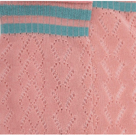 Women's openwork cotton lisle socks with striped contrast cuff - Rose Praline & Teal | Doré Doré
