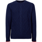 Unisex wool and alpaca round-neck pullover with knitted braids - Blue & brick red | Doré Doré