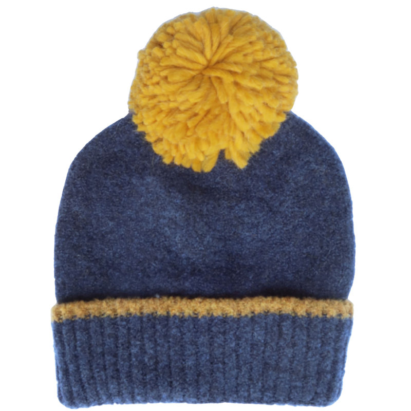 Fleece hat with pompom - Blue and yellow | Doré Doré