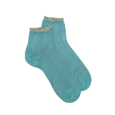 Women's openwork cotton lisle ankle socks with glitter contrast cuff - Teal | Doré Doré