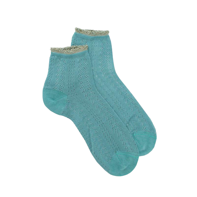 Women's openwork cotton lisle ankle socks with glitter contrast cuff - Teal | Doré Doré
