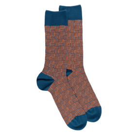 Men's socks in Fil d'Écosse cotton (mercerized cotton) patterned squares woven - Blue | Doré Doré