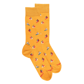 Men's socks in mercerized cotton with sailboat motifs - Yellow Dandelion | Doré Doré